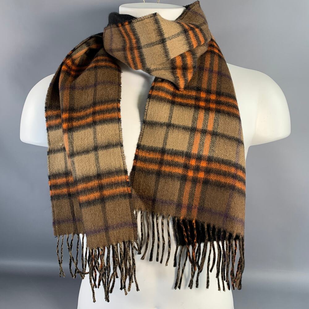 BURBERRY Brown Orange Plaid Cashmere Scarf